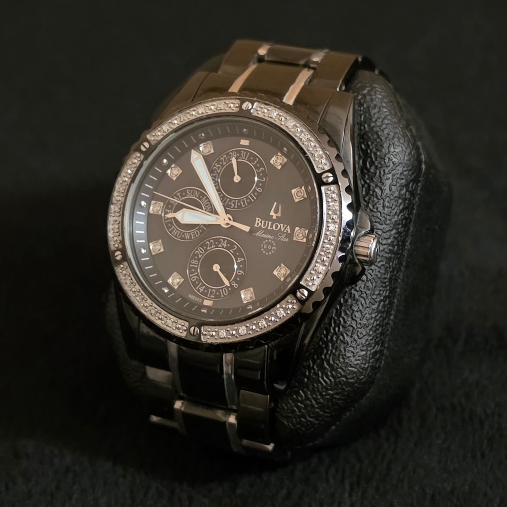 Bulova 98E003 Marine Star Men's Diamond Black MOP Dial Quartz Watch 43mm